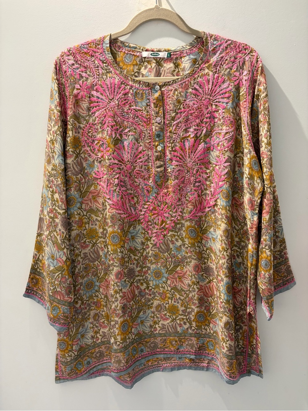 DOLMA 100% Silk Embroidered Floral Tunic Blouse | Embroidery Silk Top L - Picture 2 of 7